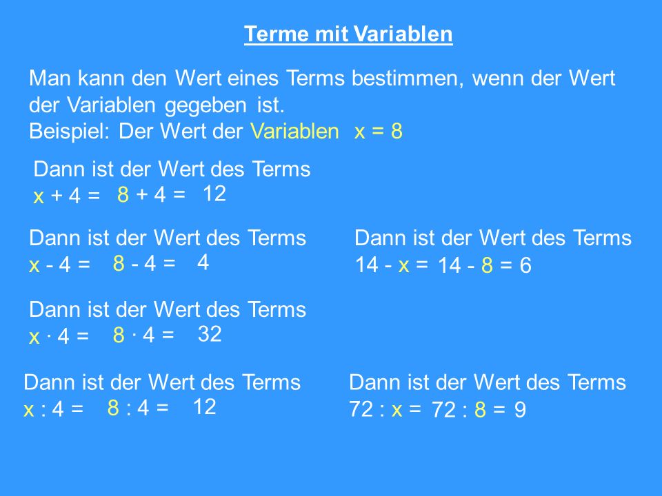 Terme mit Variablen Man kann den Wert eines Terms bestimmen, wenn der Wert. der Variablen gegeben ist.