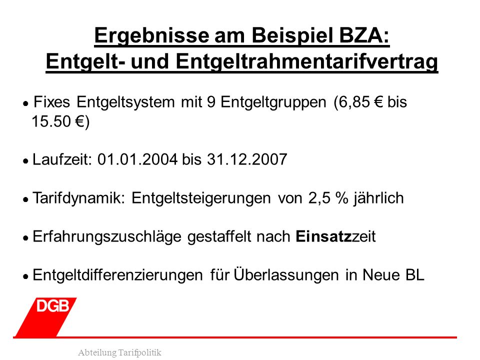 Ergebnisse am Beispiel BZA: Entgelt- und Entgeltrahmentarifvertrag
