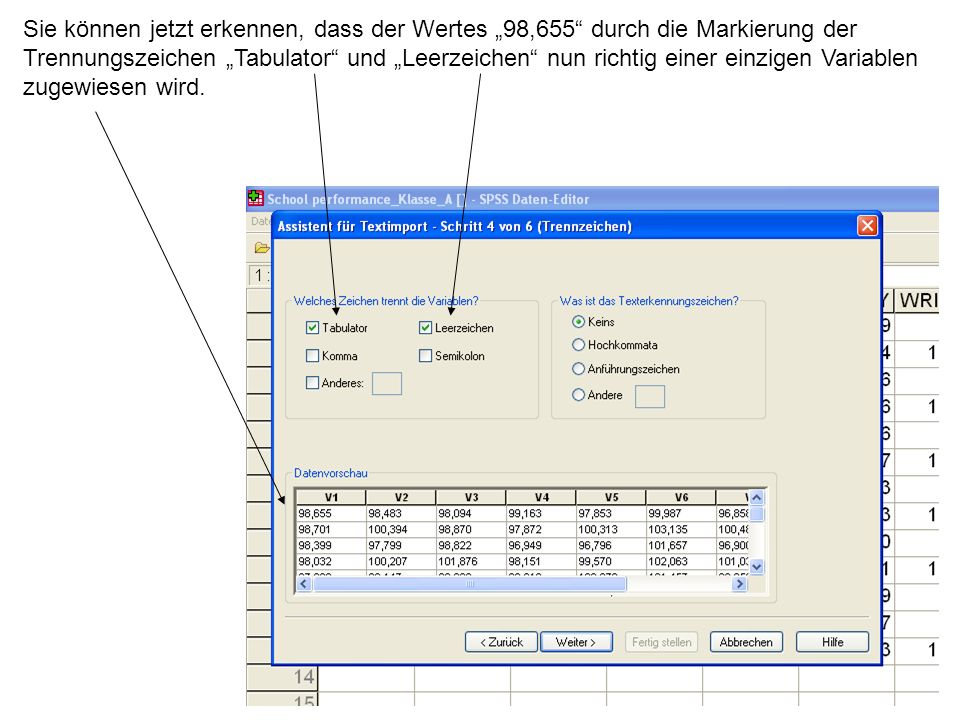 Sie können jetzt erkennen, dass der Wertes „98,655 durch die Markierung der Trennungszeichen „Tabulator und „Leerzeichen nun richtig einer einzigen Variablen zugewiesen wird.