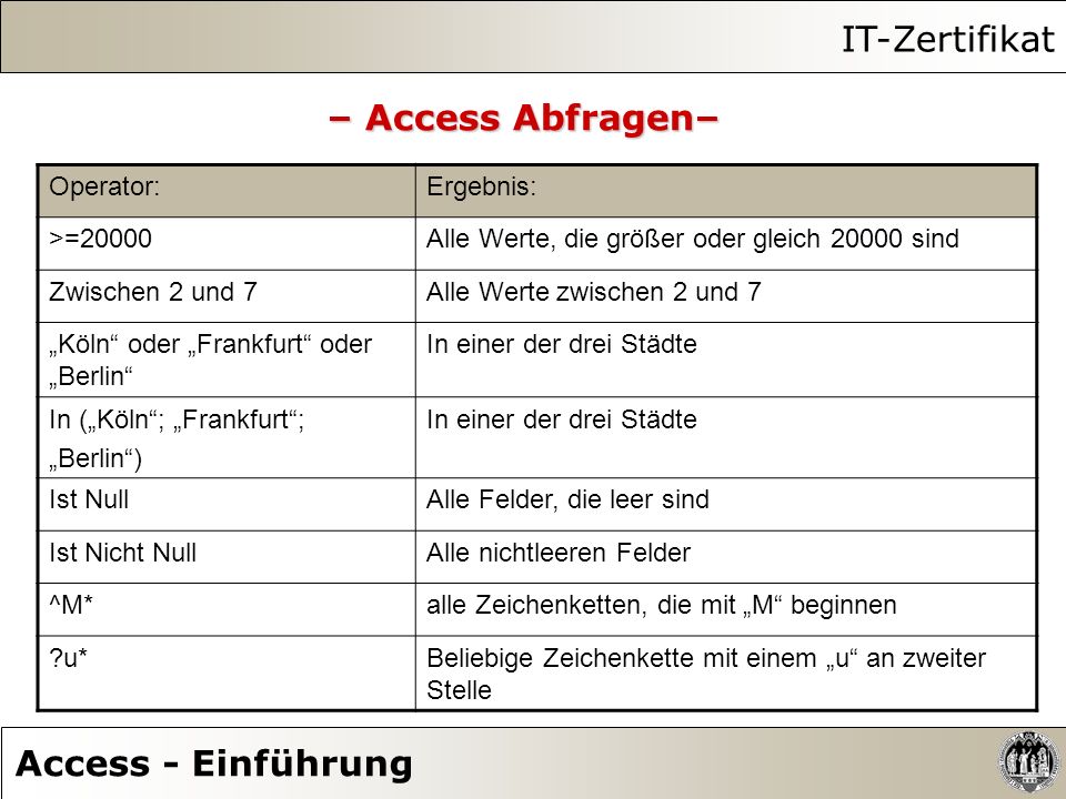 IT-Zertifikat – Access Abfragen– Access - Einführung Operator: