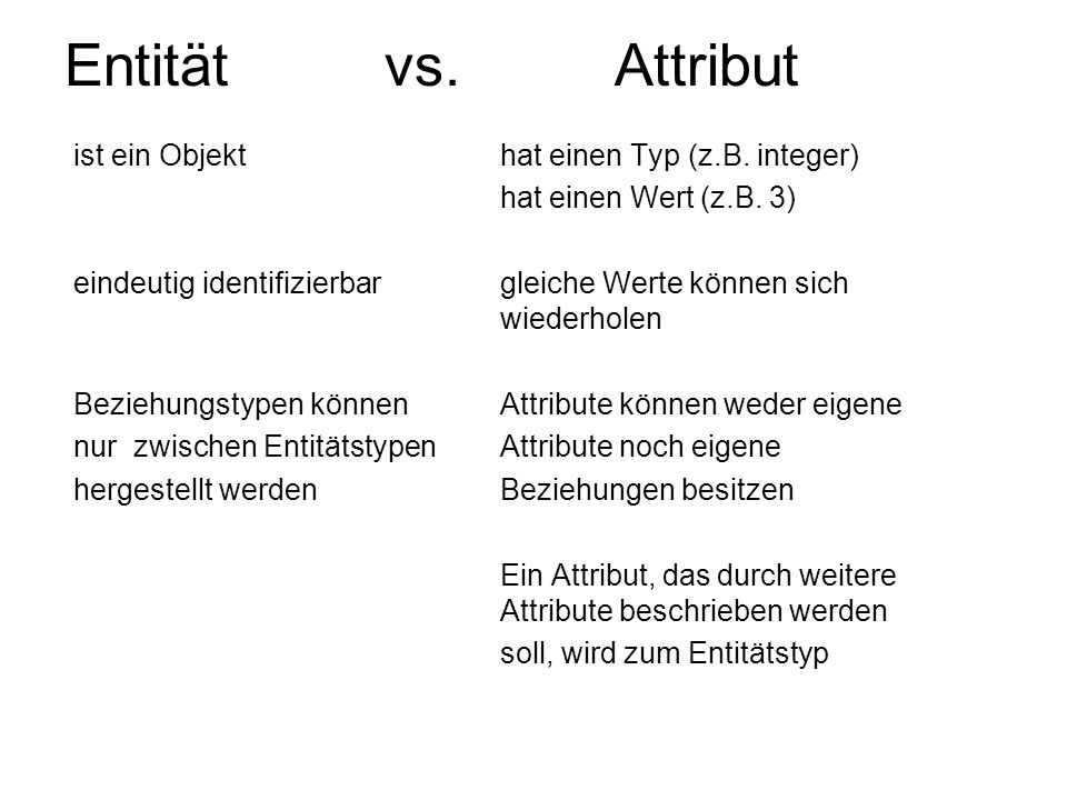 Entität vs. Attribut ist ein Objekt hat einen Typ (z.B. integer)