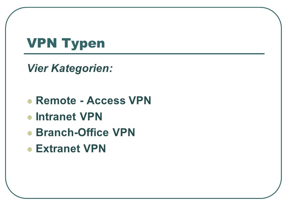 VPN Typen Vier Kategorien: Remote - Access VPN Intranet VPN