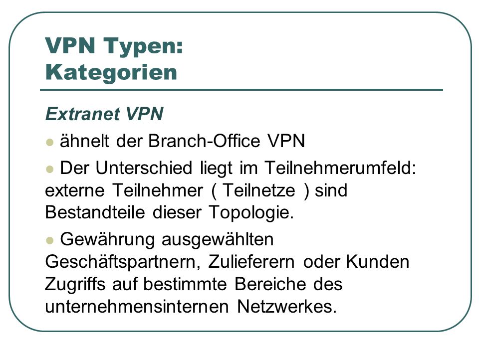 VPN Typen: Kategorien Extranet VPN ähnelt der Branch-Office VPN