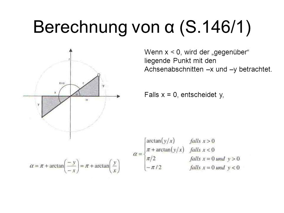 Berechnung von α (S.146/1) Wenn x < 0, wird der „gegenüber liegende Punkt mit den Achsenabschnitten –x und –y betrachtet.