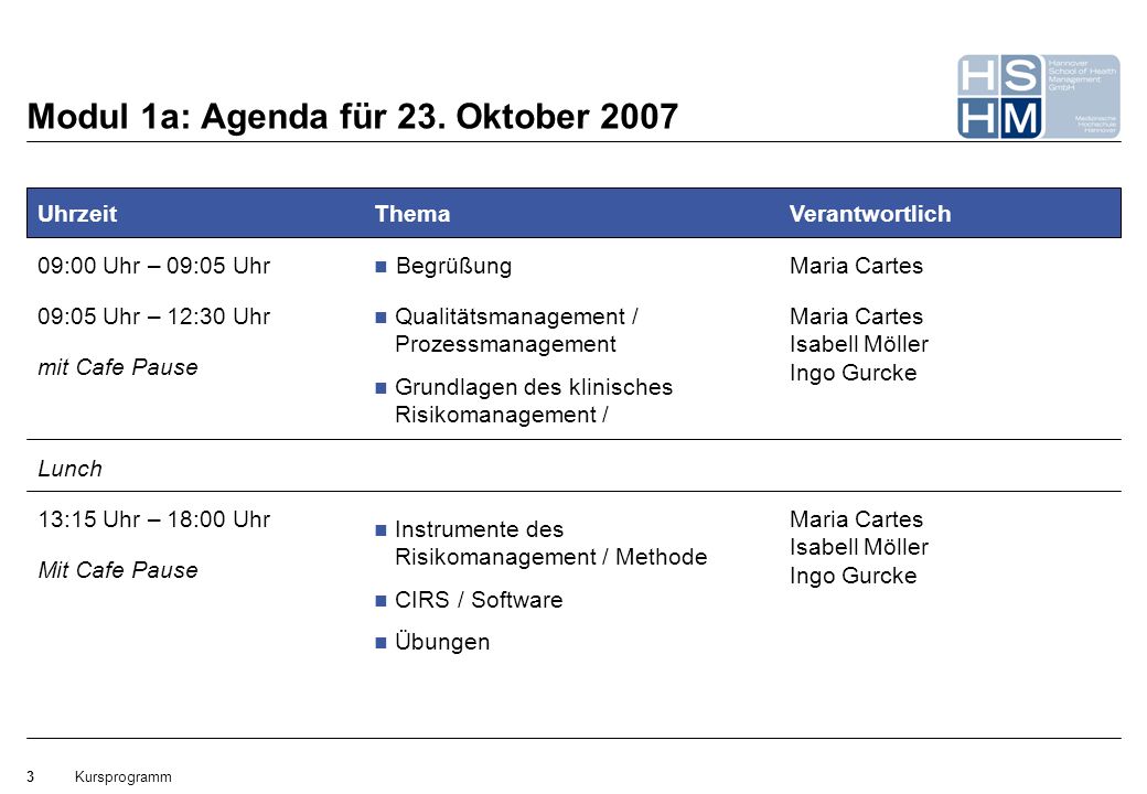 Modul 1a: Agenda für 23. Oktober 2007