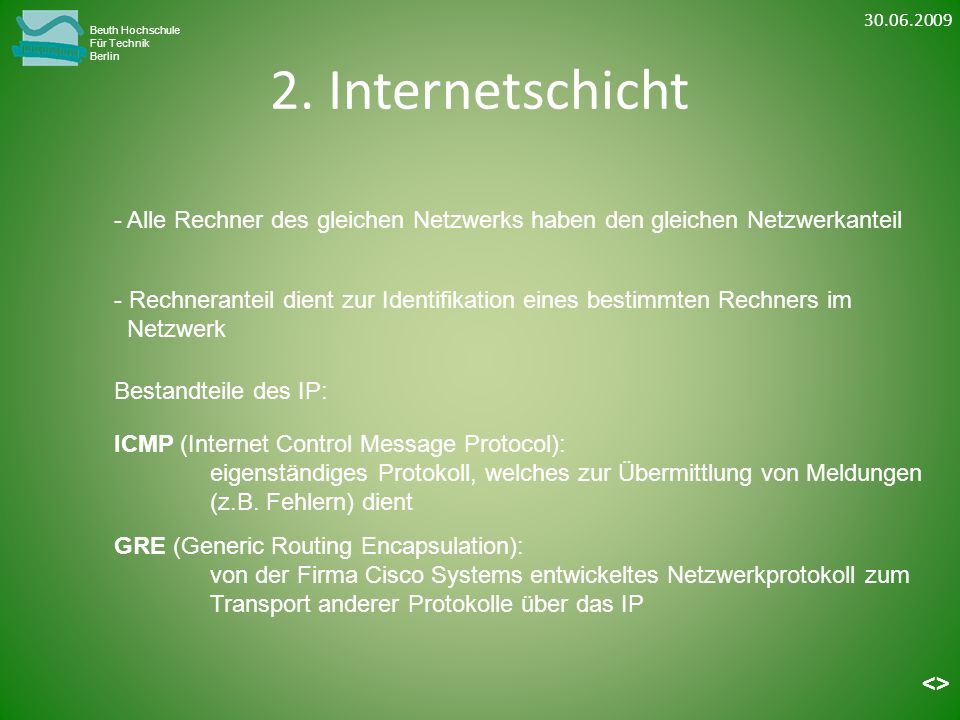 Beuth Hochschule. Für Technik. Berlin. 2. Internetschicht. Alle Rechner des gleichen Netzwerks haben den gleichen Netzwerkanteil.