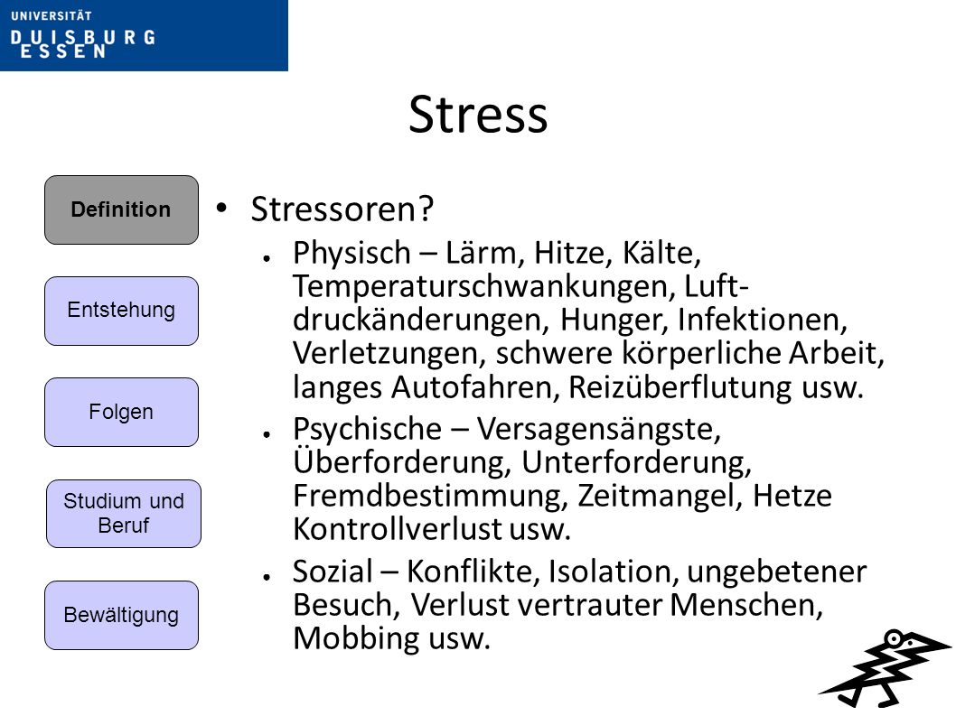 Stress Entstehung. Folgen. Bewältigung. Definition. Studium und. Beruf. Stressoren
