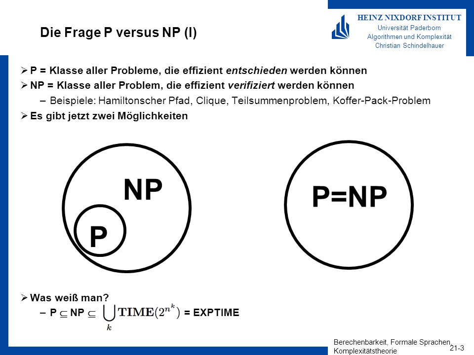Die Frage P versus NP (I)