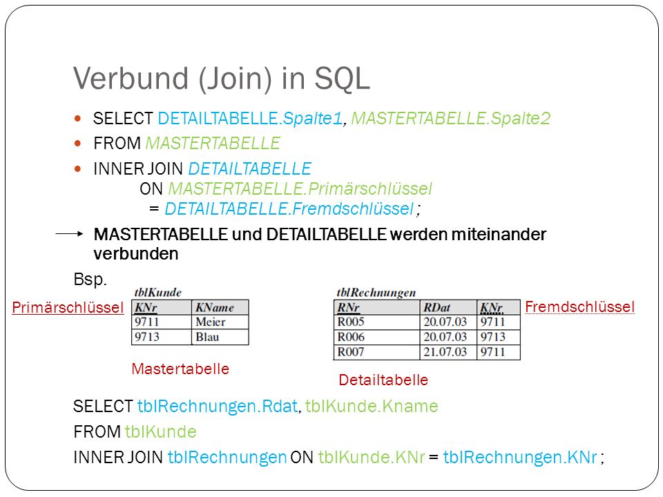Verbund (Join) in SQL SELECT DETAILTABELLE.Spalte1, MASTERTABELLE.Spalte2. FROM MASTERTABELLE.