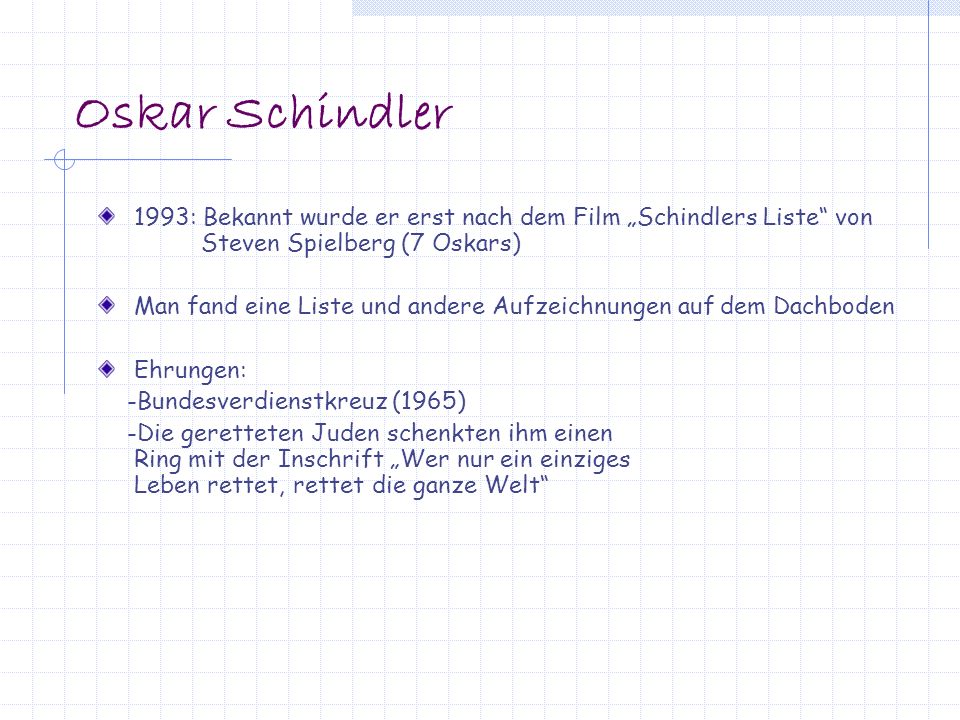 Oskar Schindler 1993: Bekannt wurde er erst nach dem Film „Schindlers Liste von Steven Spielberg (7 Oskars)