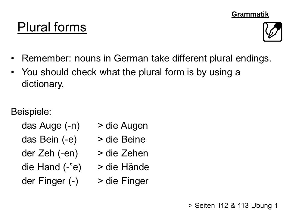 Plural forms Remember: nouns in German take different plural endings.