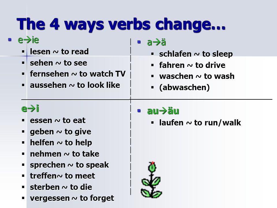 The 4 ways verbs change… eie aä ei auäu lesen ~ to read