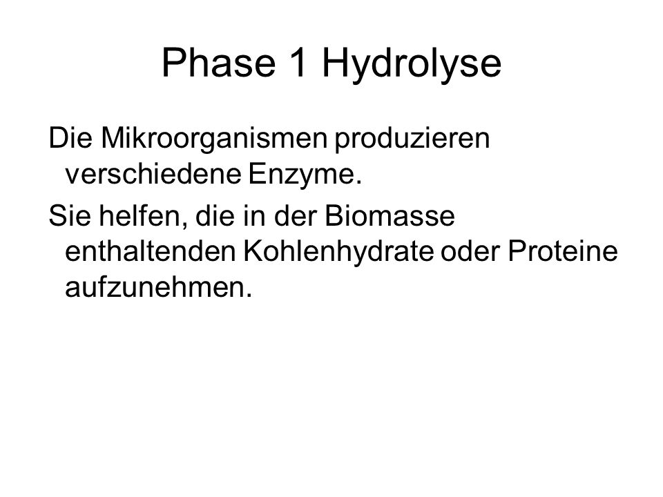 Phase 1 Hydrolyse Die Mikroorganismen produzieren verschiedene Enzyme.
