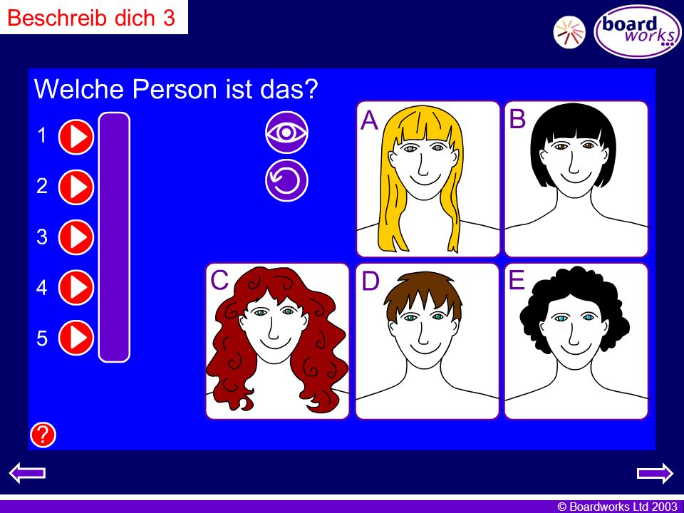 Beschreib dich 3 Pupils match spoken text (1-5) to images. Click on the eye to reveal answers, and the arrow to restart.