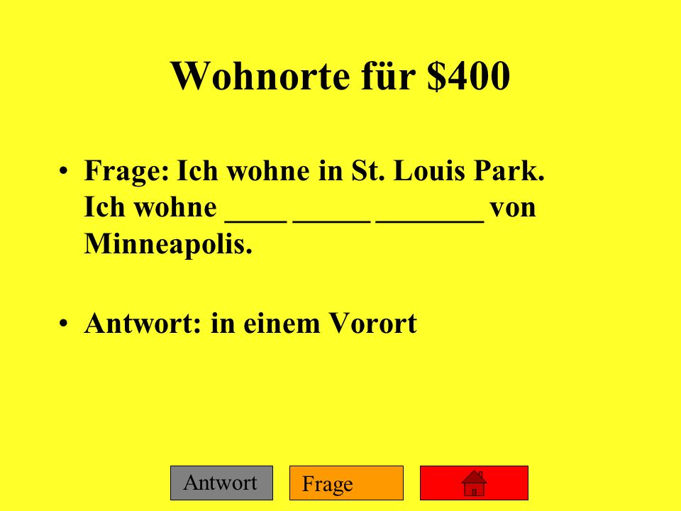 Wohnorte für $400 Frage: Ich wohne in St. Louis Park. Ich wohne ____ _____ _______ von Minneapolis.