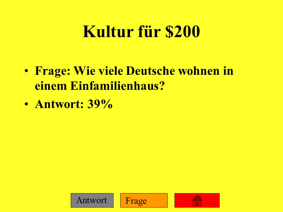 Kultur für $200 Frage: Wie viele Deutsche wohnen in einem Einfamilienhaus Antwort: 39%