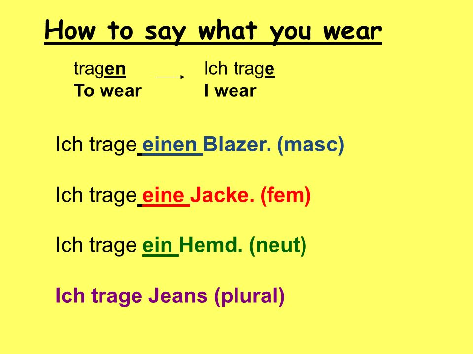 How to say what you wear Ich trage einen Blazer. (masc)