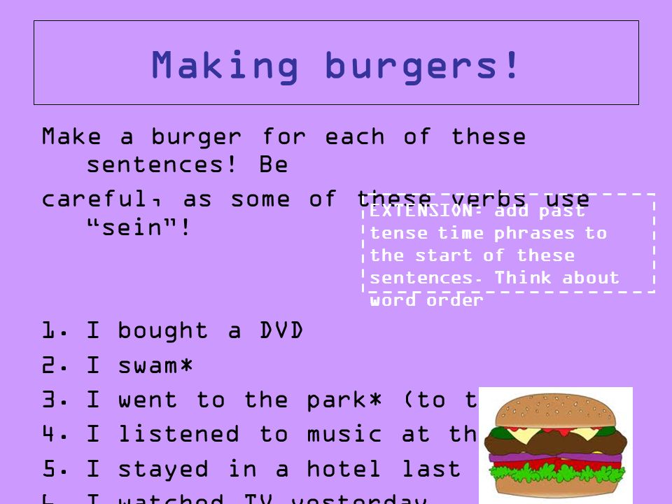 Making burgers! Make a burger for each of these sentences! Be