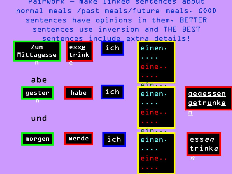 Pairwork – make linked sentences about normal meals /past meals/future meals. GOOD sentences have opinions in them, BETTER sentences use inversion and THE BEST sentences include extra details!