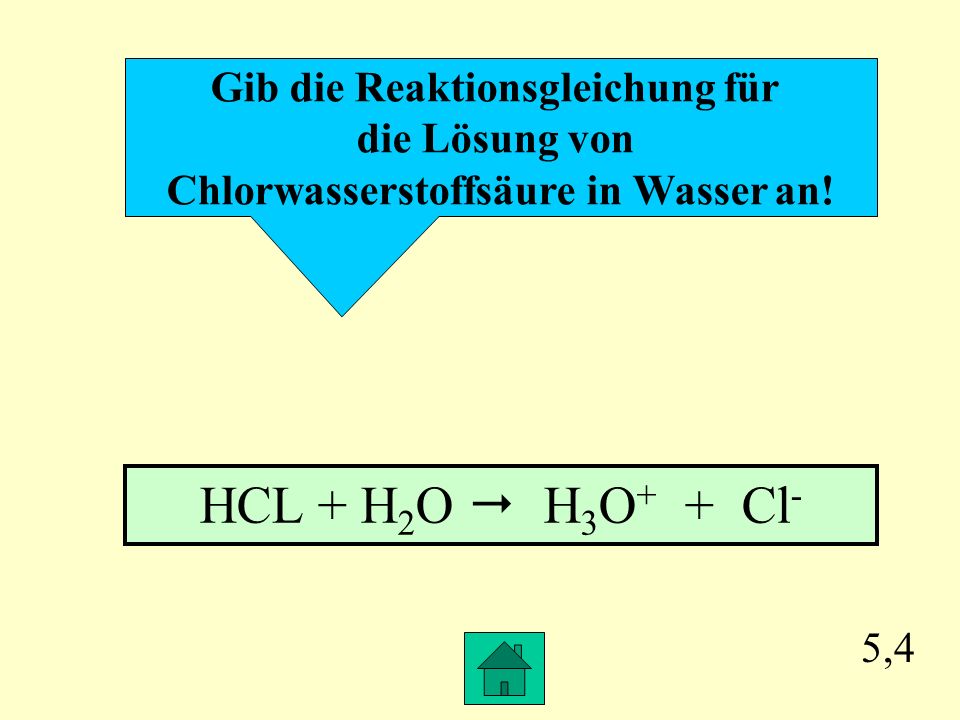 Gib die Reaktionsgleichung für Chlorwasserstoffsäure in Wasser an!