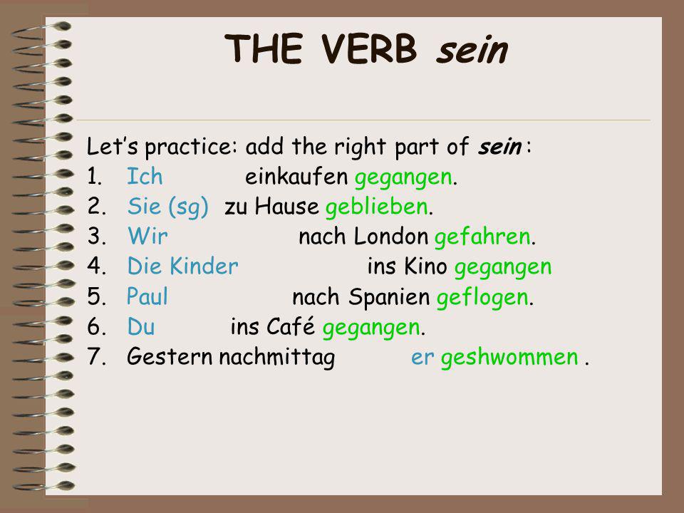THE VERB sein Let’s practice: add the right part of sein :