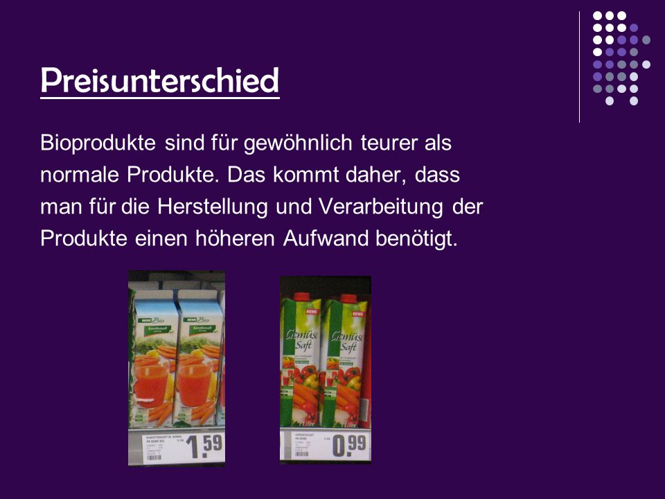 Preisunterschied Bioprodukte sind für gewöhnlich teurer als