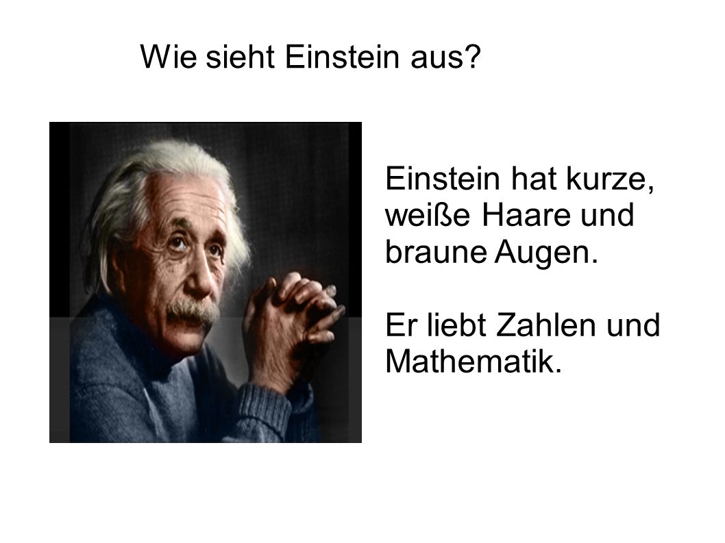 Wie sieht Einstein aus. Einstein hat kurze, weiße Haare und braune Augen.