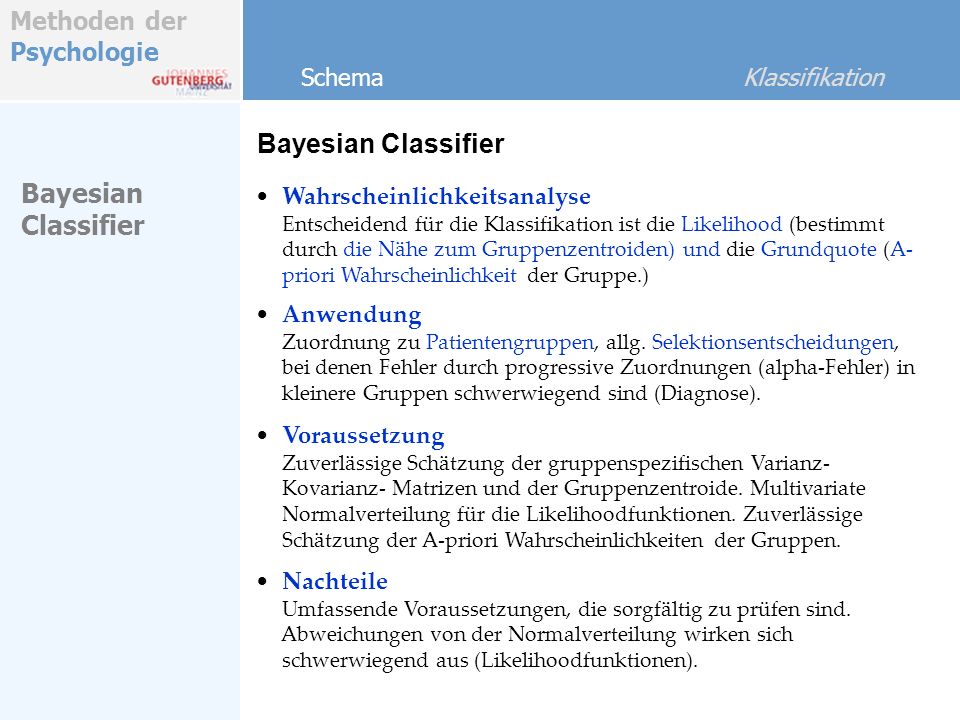 Bayesian Classifier Bayesian Classifier Schema Klassifikation