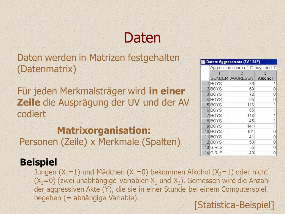 Daten Daten werden in Matrizen festgehalten (Datenmatrix)