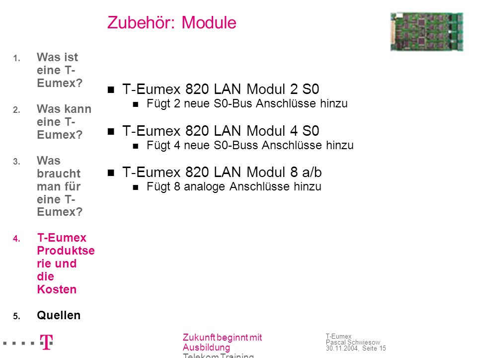 Zubehör: Module T-Eumex 820 LAN Modul 2 S0 T-Eumex 820 LAN Modul 4 S0