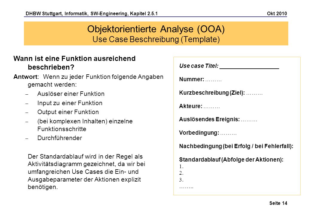 Objektorientierte Analyse (OOA) Use Case Beschreibung (Template)