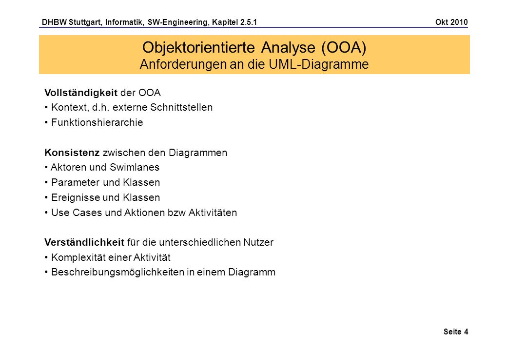 Objektorientierte Analyse (OOA) Anforderungen an die UML-Diagramme