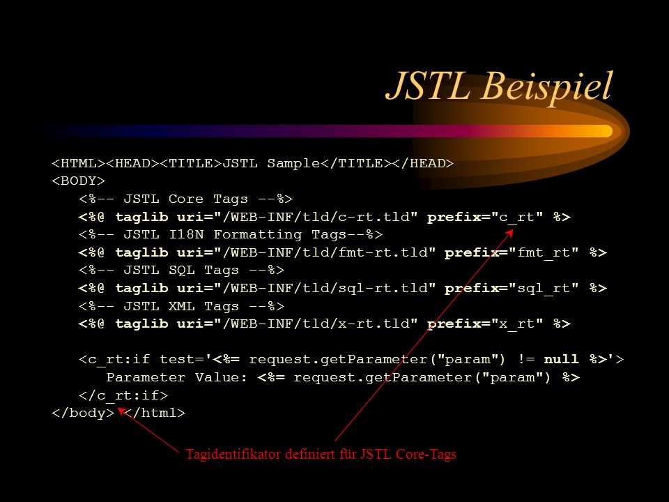 JSTL Beispiel <HTML><HEAD><TITLE>JSTL Sample</TITLE></HEAD> <BODY> <%-- JSTL Core Tags --%>