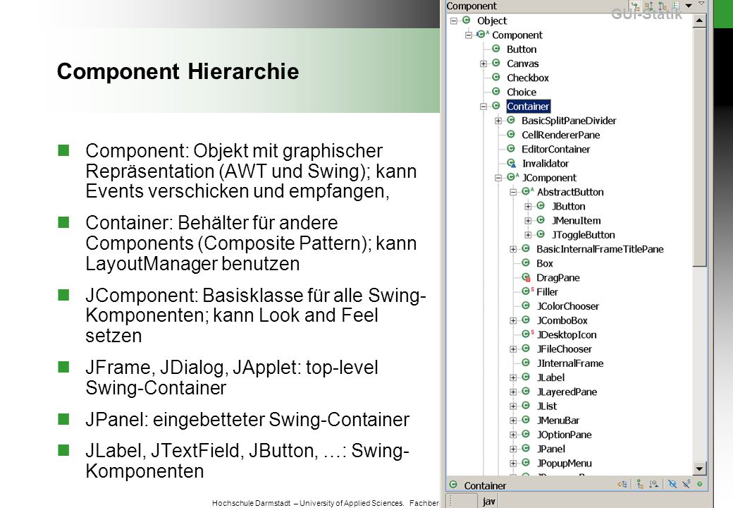 GUI-Statik Component Hierarchie. Component: Objekt mit graphischer Repräsentation (AWT und Swing); kann Events verschicken und empfangen,