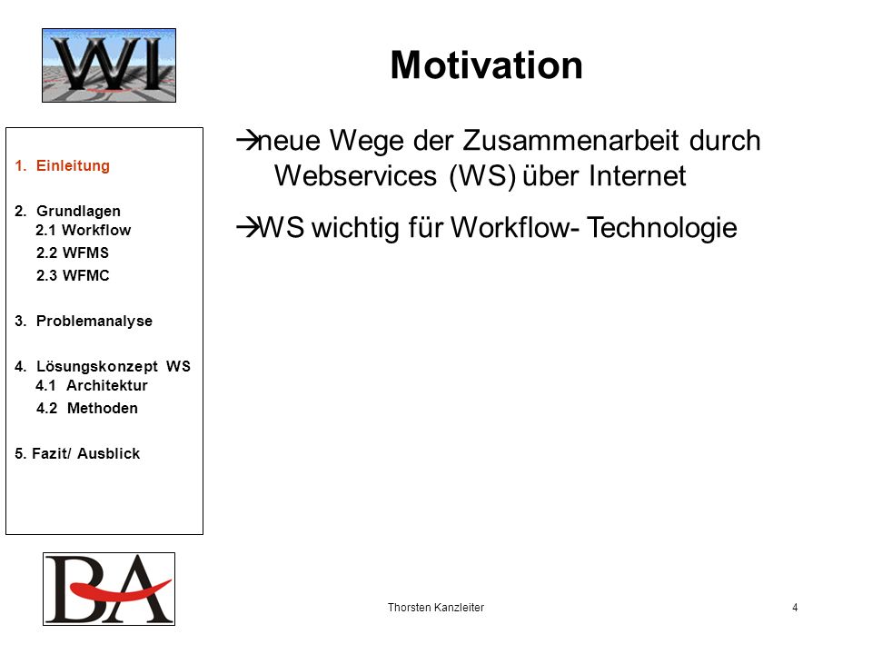 Motivation neue Wege der Zusammenarbeit durch Webservices (WS) über Internet. WS wichtig für Workflow- Technologie.