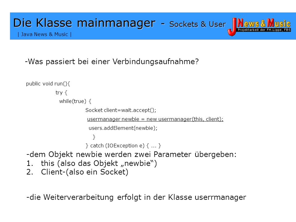 Die Klasse mainmanager - Sockets & User