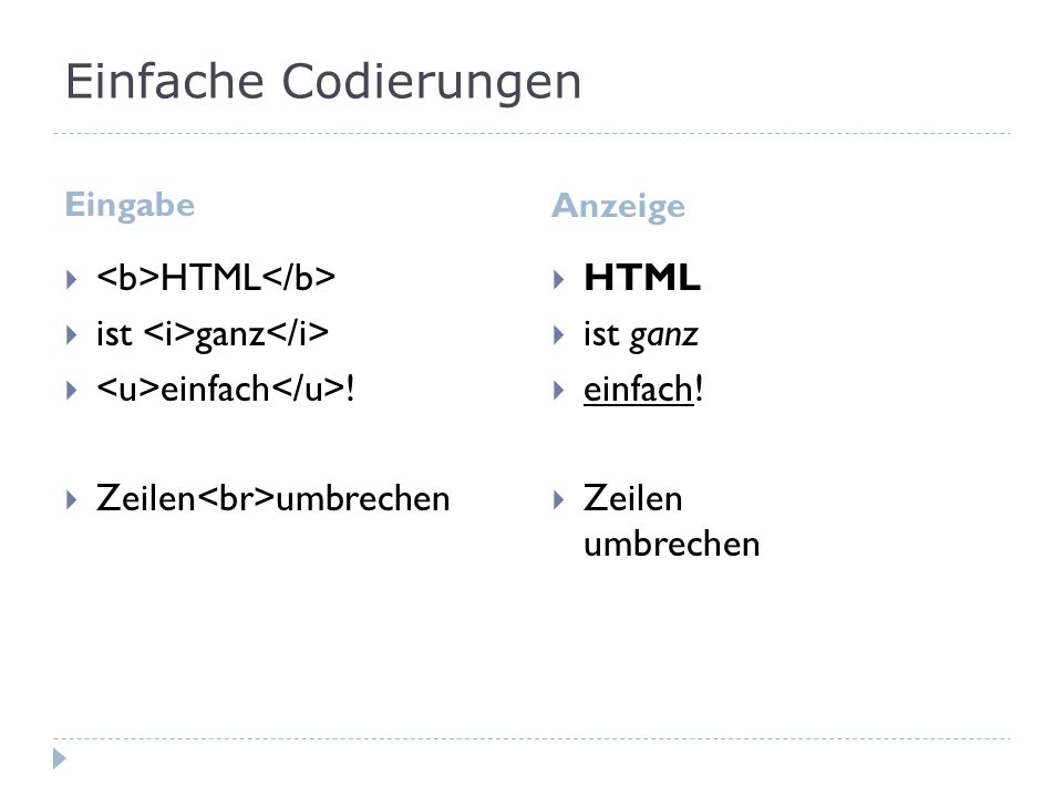Einfache Codierungen <b>HTML</b>