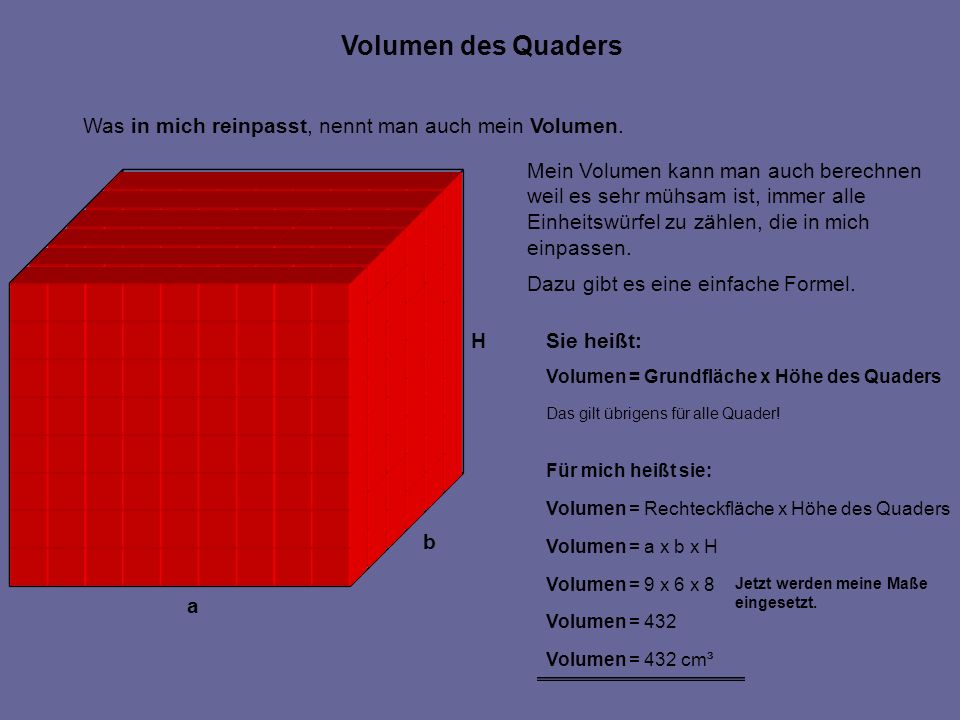 Volumen des Quaders Was in mich reinpasst, nennt man auch mein Volumen. Mein Volumen kann man auch berechnen.