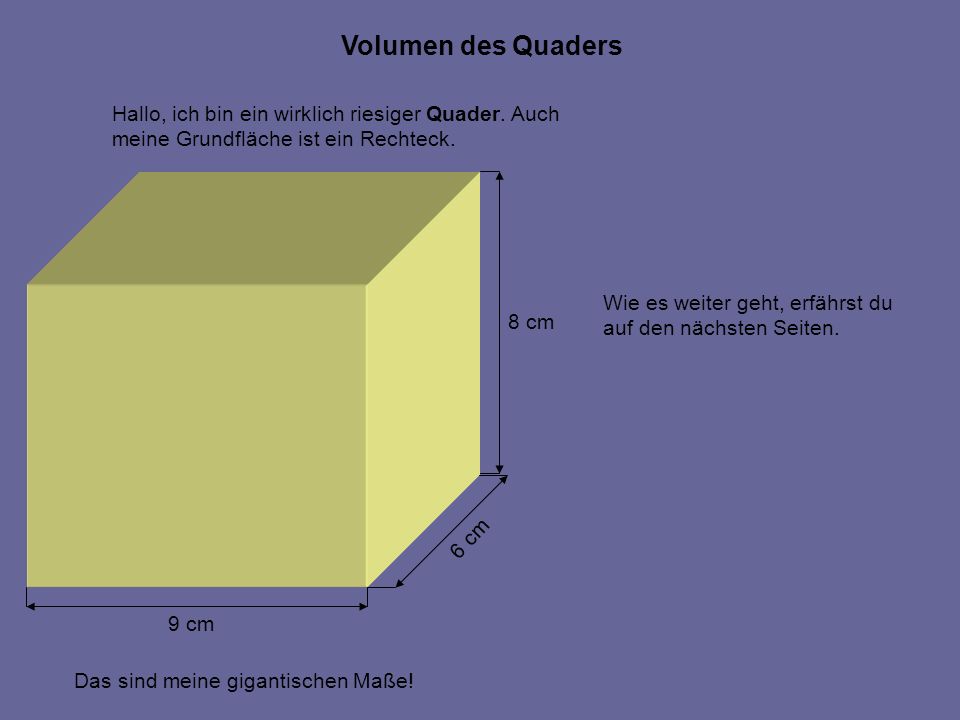 Volumen des Quaders Hallo, ich bin ein wirklich riesiger Quader. Auch