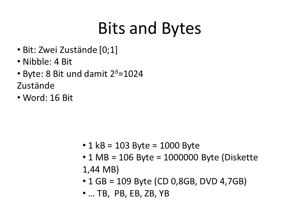 Bits and Bytes Bit: Zwei Zustände [0;1] Nibble: 4 Bit