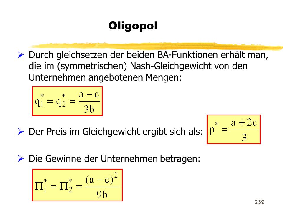 Oligopol Durch gleichsetzen der beiden BA-Funktionen erhält man, die im (symmetrischen) Nash-Gleichgewicht von den Unternehmen angebotenen Mengen:
