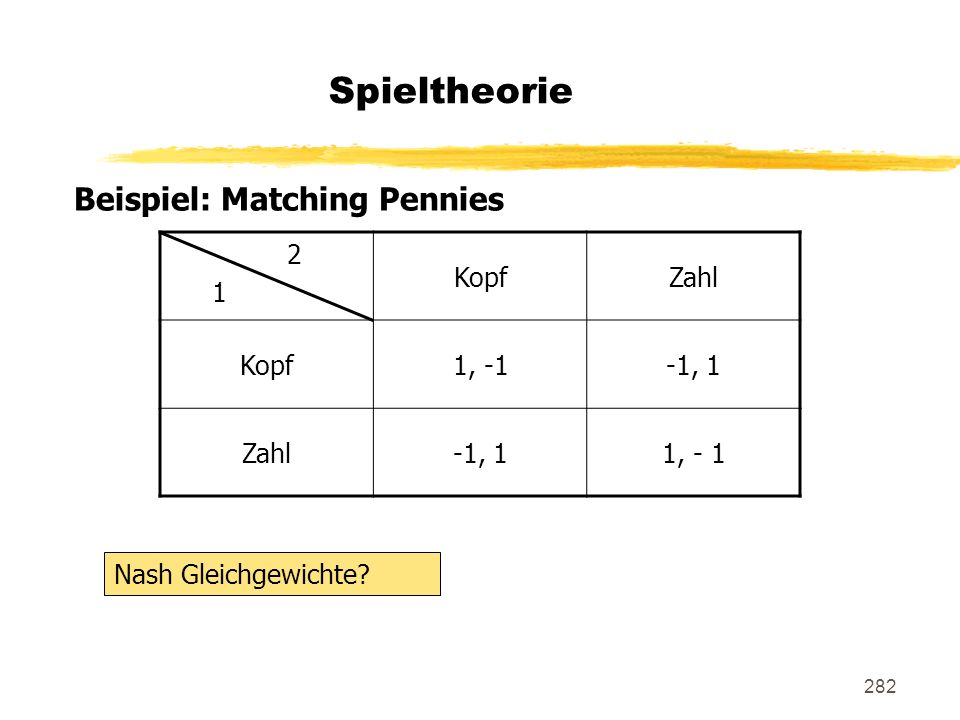 Spieltheorie Beispiel: Matching Pennies 2 1 Kopf Zahl 1, -1 -1, 1