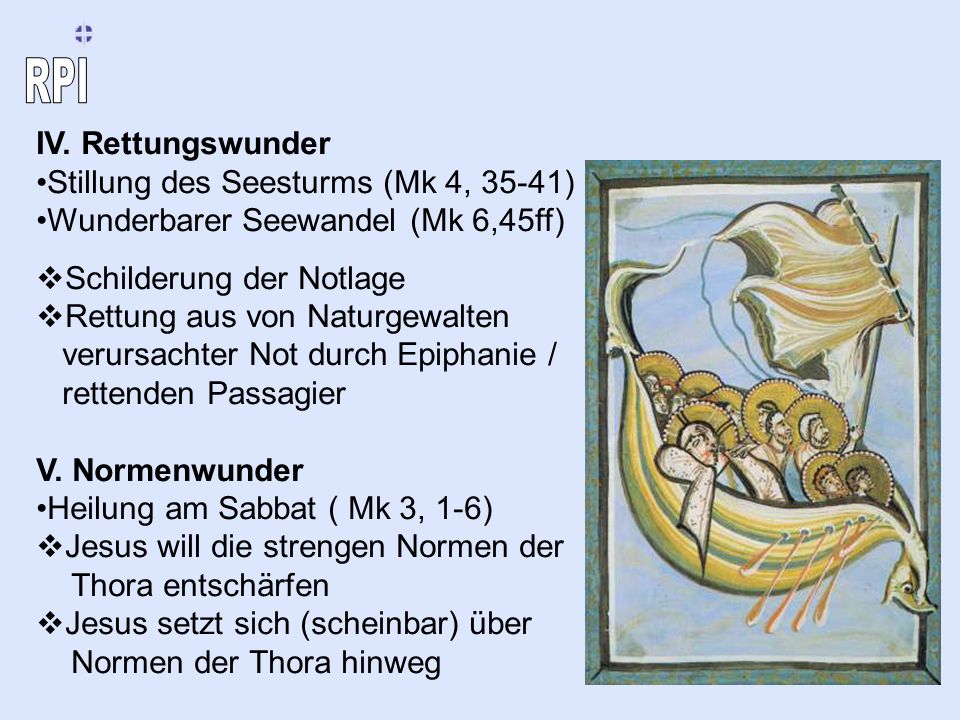 IV. Rettungswunder Stillung des Seesturms (Mk 4, 35-41) Wunderbarer Seewandel (Mk 6,45ff) Schilderung der Notlage.
