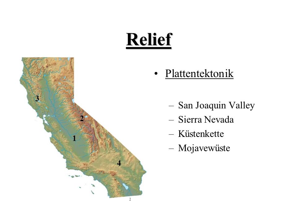Relief Plattentektonik San Joaquin Valley Sierra Nevada Küstenkette