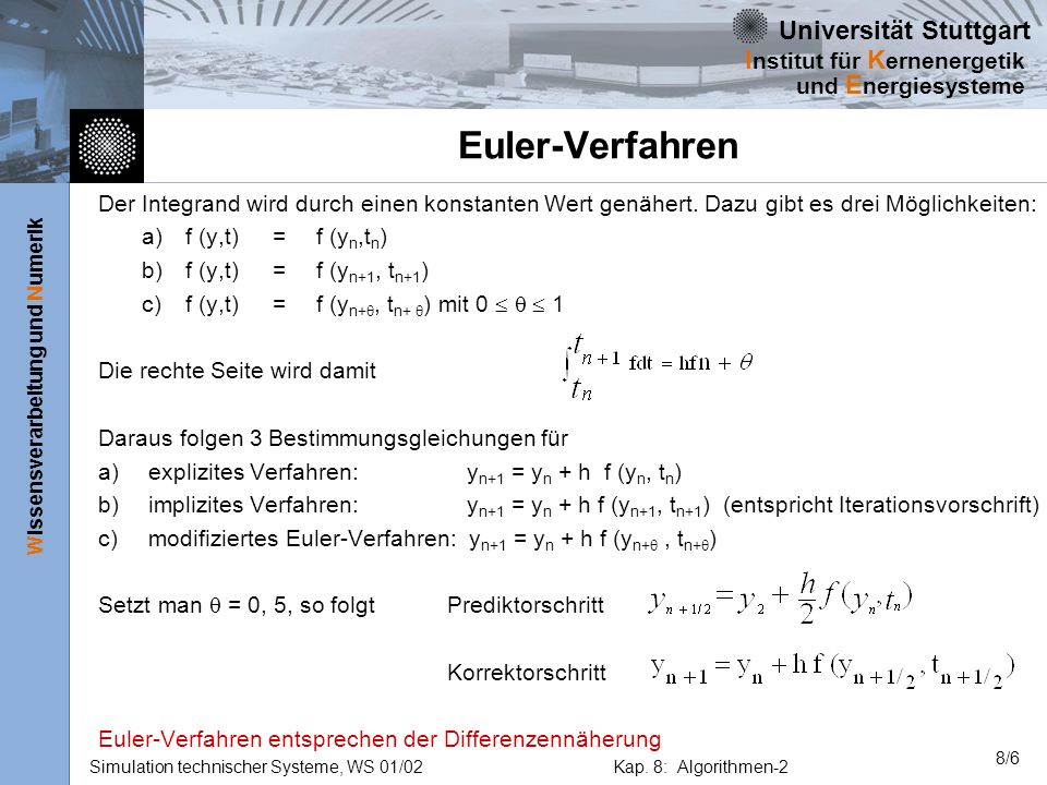Euler-Verfahren Der Integrand wird durch einen konstanten Wert genähert. Dazu gibt es drei Möglichkeiten: