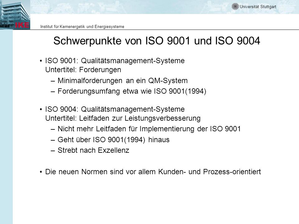 Schwerpunkte von ISO 9001 und ISO 9004