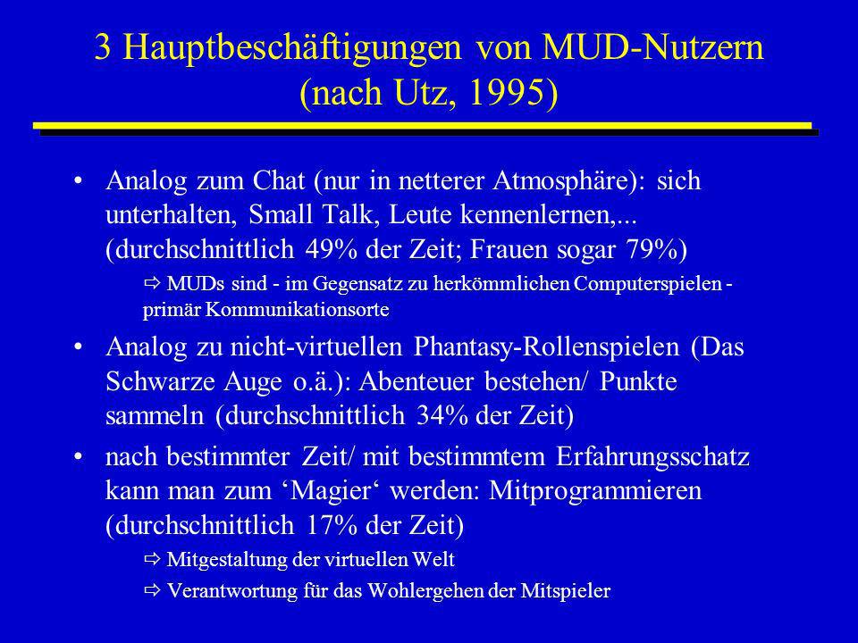 3 Hauptbeschäftigungen von MUD-Nutzern (nach Utz, 1995)