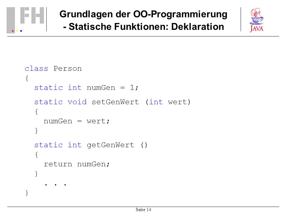 Grundlagen der OO-Programmierung - Statische Funktionen: Deklaration