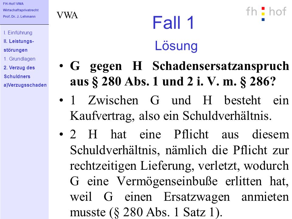 FH-Hof/ VWA Wirtschaftsprivatrecht. Prof. Dr. J. Lehmann. VWA. Fall 1 Lösung. I. Einführung. II. Leistungs-