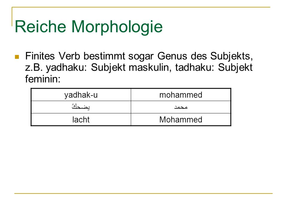 Reiche Morphologie Finites Verb bestimmt sogar Genus des Subjekts, z.B. yadhaku: Subjekt maskulin, tadhaku: Subjekt feminin:
